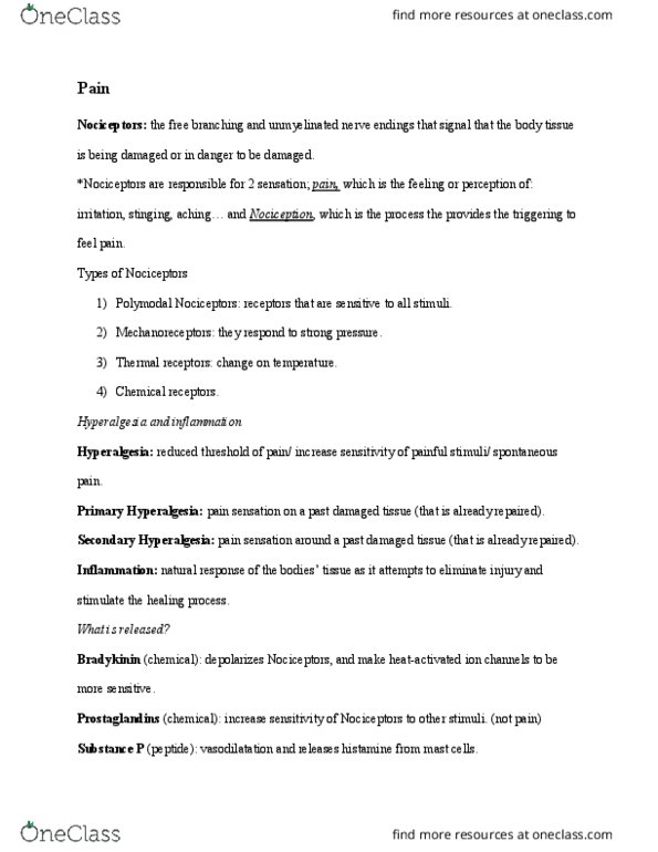 PSYO 2470 Chapter Notes - Chapter 12: Hyperalgesia, Nociceptor, Vasodilation thumbnail