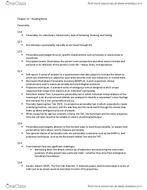 PSYA02H3 Chapter Notes - Chapter 12: Reticular Formation, Hans Eysenck, Defence Mechanisms thumbnail