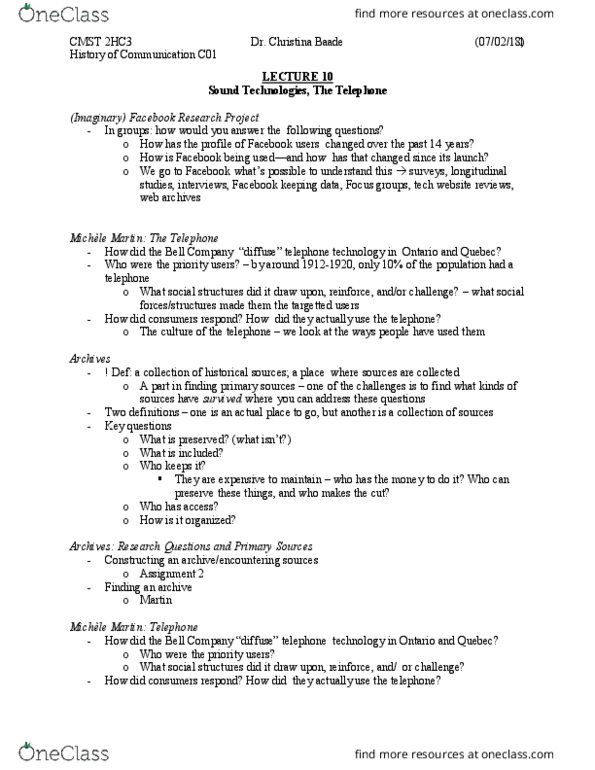 CMST 3H03 Lecture Notes - Lecture 10: Longitudinal Study, Bell Canada, Deconstruction thumbnail