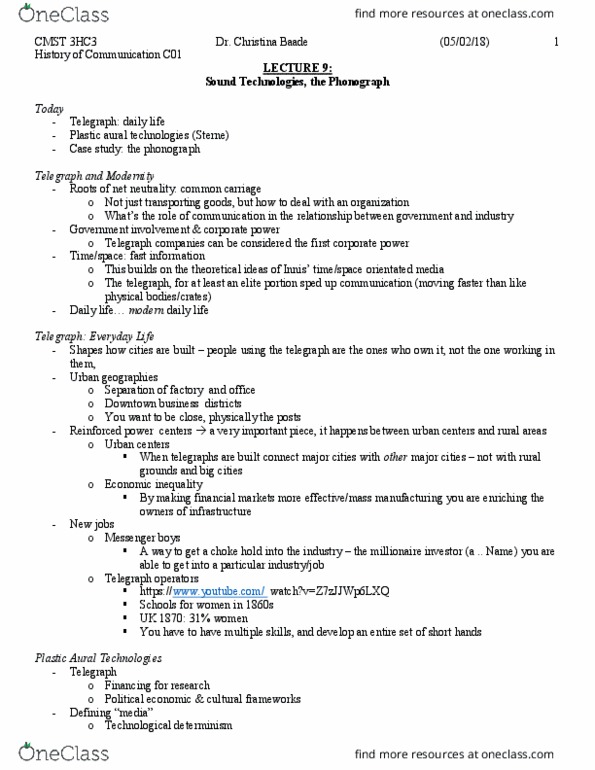 CMST 3H03 Lecture Notes - Lecture 9: Sound Recording And Reproduction, Technological Determinism, Economic Inequality thumbnail