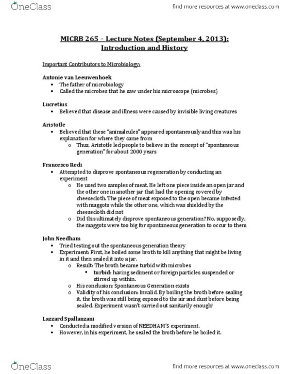 MICRB265 Lecture Notes - Cheesecloth, Microbiology, Louis Pasteur thumbnail