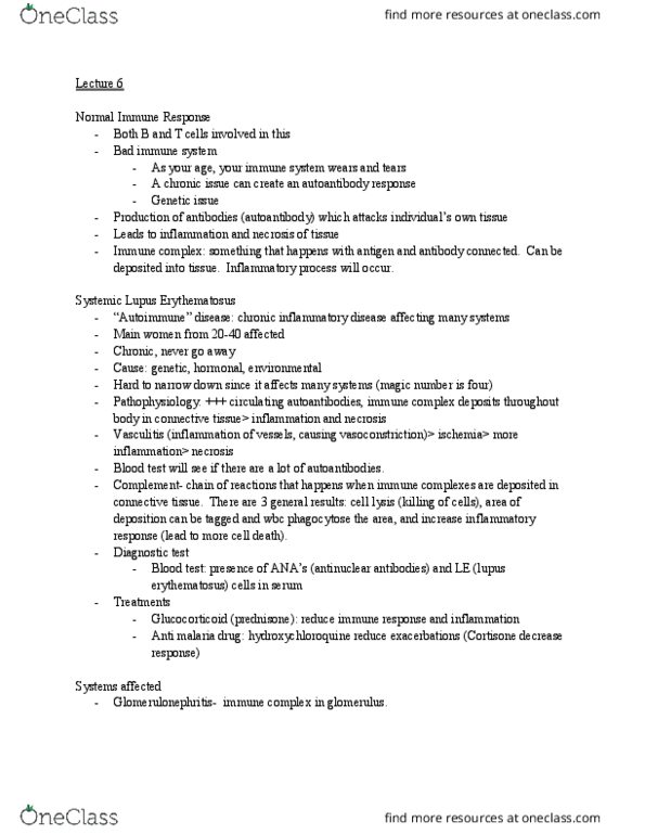 MEDRADSC 1B03 Lecture Notes - Lecture 6: Systemic Lupus Erythematosus, Anti-Nuclear Antibody, Autoimmune Disease thumbnail