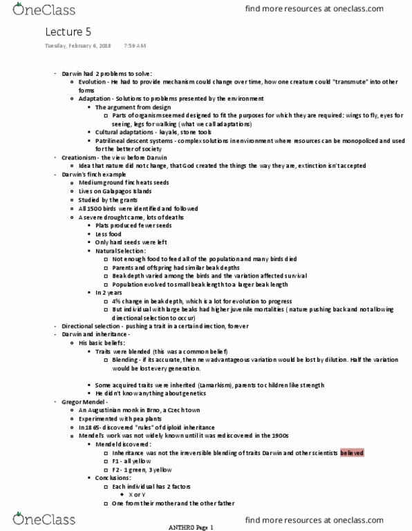 ANTH 201 Lecture Notes - Lecture 5: Medium Ground Finch, Patrilineality, Directional Selection thumbnail