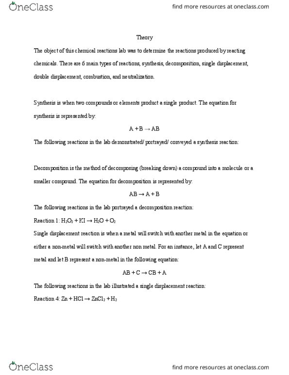 Biology 1001A Lecture Notes - Lecture 17: Single Displacement Reaction, Salt Metathesis Reaction, Nonmetal thumbnail