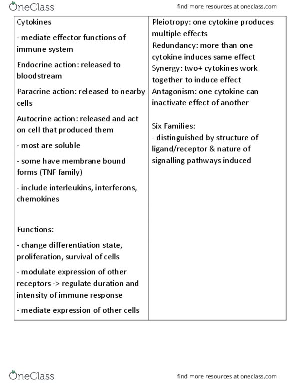 IMM350H1 Lecture Notes - Lecture 8: Pleiotropy, Chemokine, Autocrine Signalling thumbnail