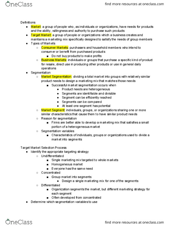 MKTG 409 Lecture Notes - Lecture 4: Market Segmentation, Marketing Mix, Psychographic thumbnail