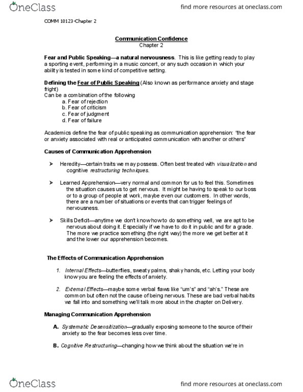 COMM 10123 Lecture Notes - Lecture 2: Communication Apprehension, Cognitive Restructuring thumbnail