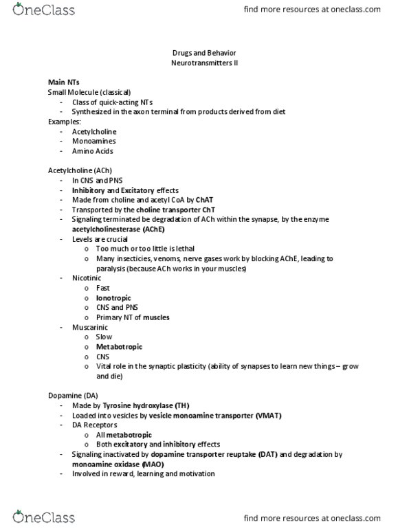 NROSCI 0081 Lecture Notes - Lecture 11: Tryptophan Hydroxylase, Tyrosine Hydroxylase, Monoamine Oxidase thumbnail