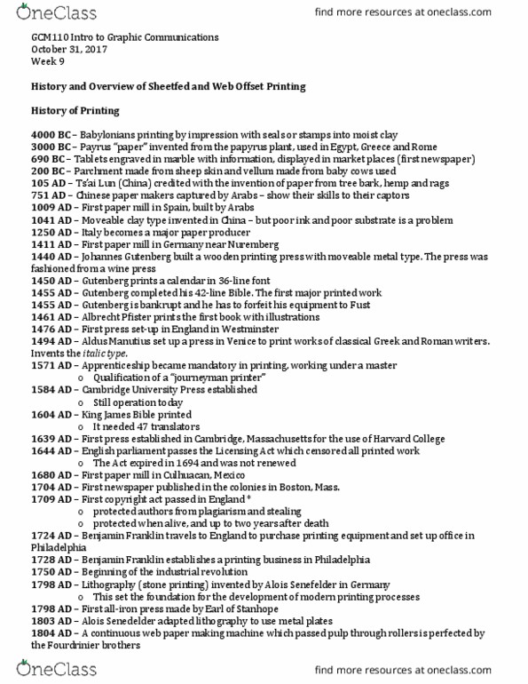 ECN 110 Lecture Notes - Lecture 17: Aldus Manutius, King James Version, Johannes Gutenberg thumbnail