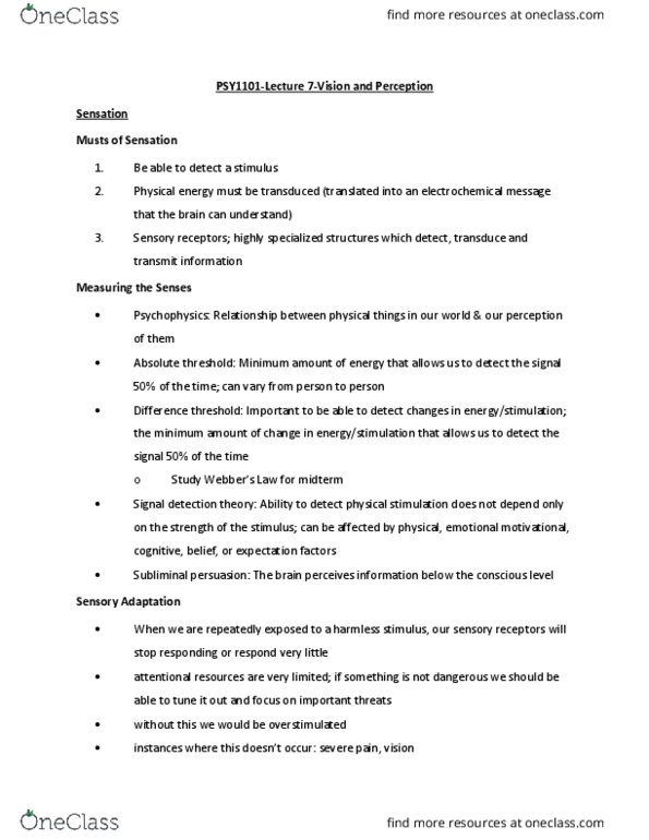 PSY 1101 Lecture Notes - Lecture 7: Detection Theory, Absolute Threshold, Sensory Neuron thumbnail