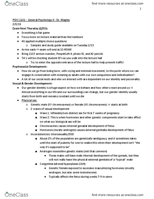 PSYC 1101 Lecture Notes - Lecture 7: Congenital Adrenal Hyperplasia, Peoplesoft, Sexual Identity thumbnail