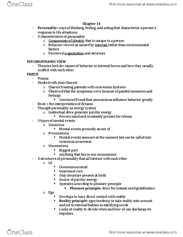 Psychology 1000 Chapter Notes - Chapter 14: Unconditional Positive Regard, Extraversion And Introversion, Attachment Theory thumbnail