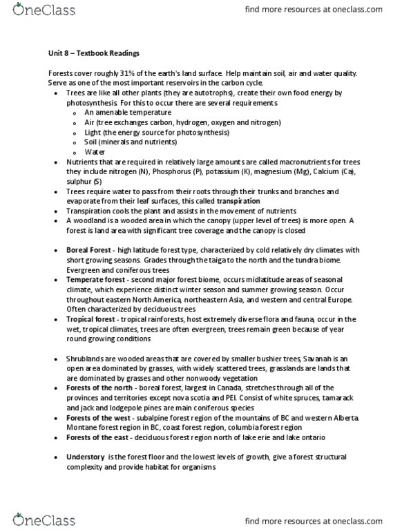 GEOG 1220 Chapter Notes - Chapter Unit 8: Montane Ecosystems, Tropical And Subtropical Moist Broadleaf Forests, Temperate Forest thumbnail
