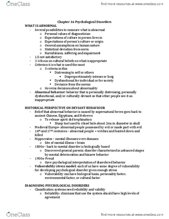 Psychology 1000 Chapter Notes - Chapter 16: Dysthymia, Paranoid Personality Disorder, Major Depressive Episode thumbnail