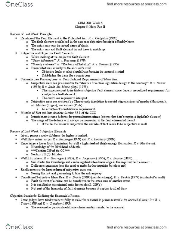 CRM 200 Lecture Notes - Lecture 5: Actus Reus, Mens Rea, Reasonable Person thumbnail