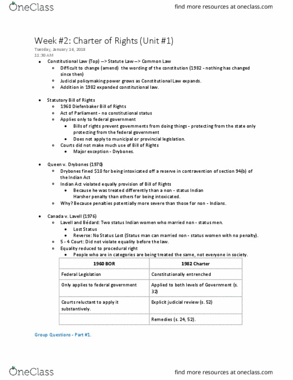 POLS 3140 Lecture Notes - Lecture 2: Constitution Act, 1982, R V Drybones, Indian Register thumbnail