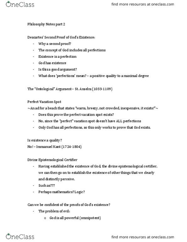 PHIL 1204 Lecture Notes - Lecture 9: Immanuel Kant, Ontological Argument, Omnipotence thumbnail