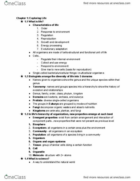 BIOL 1012 Chapter Notes - Chapter 1: Red Panda, Biosphere 2, Eukaryote thumbnail