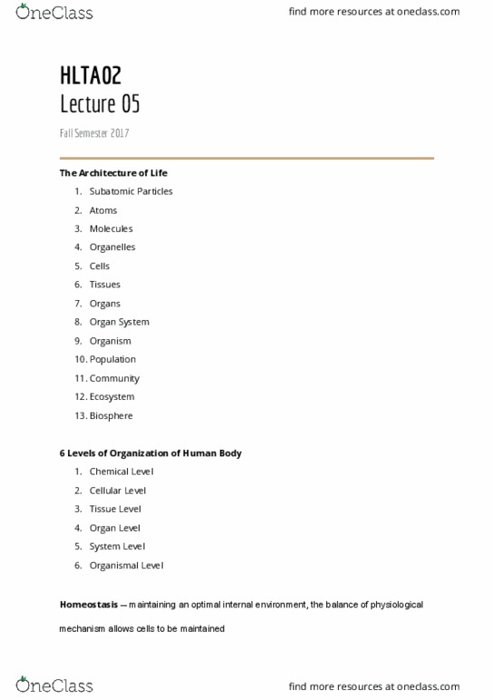 HLTA02H3 Lecture Notes - Lecture 5: Homeostasis, Organism, Surface 2 thumbnail