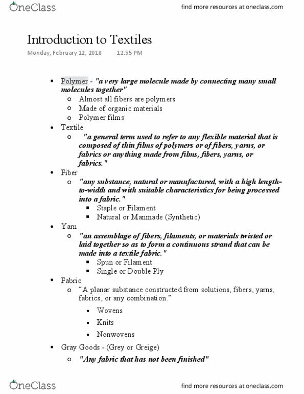 MAT 120 Lecture Notes - Lecture 1: Nonwoven Fabric, Wrinkle, Textile Industry thumbnail