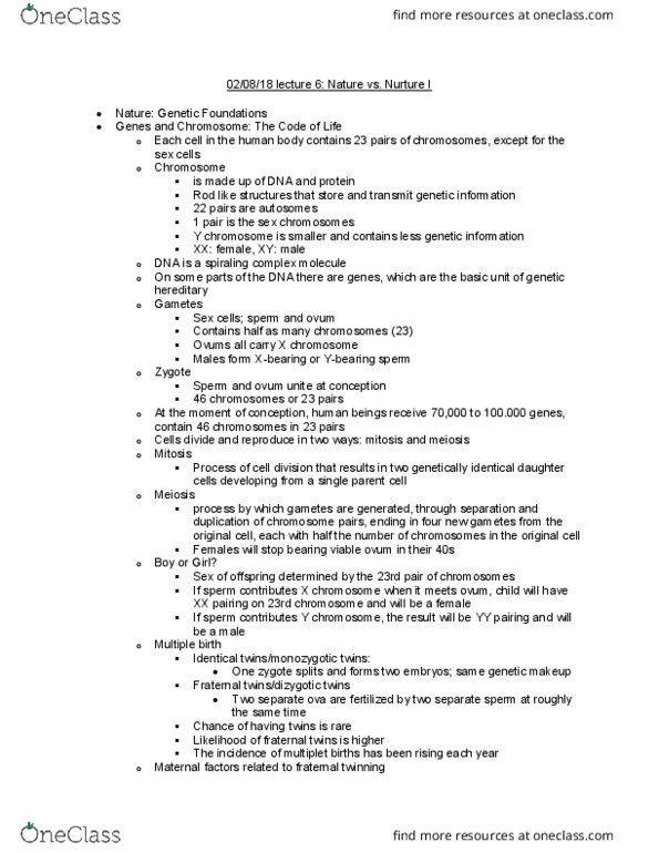 ED PSYCH 320 Lecture Notes - Lecture 6: Twin, Y Chromosome, Multiple Birth thumbnail