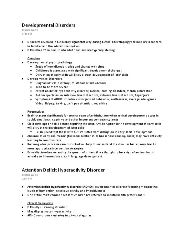 PSYCH257 Lecture Notes - Attention Deficit Hyperactivity Disorder, Pervasive Developmental Disorder, Developmental Disorder thumbnail