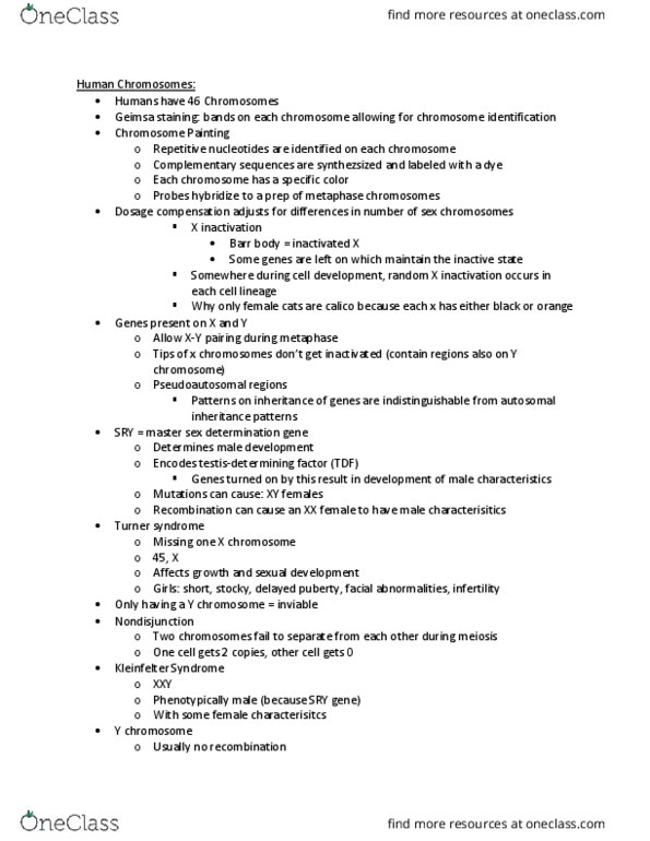 BIOL 2301 Lecture Notes - Lecture 6: X-Inactivation, Dosage Compensation, Y Chromosome thumbnail