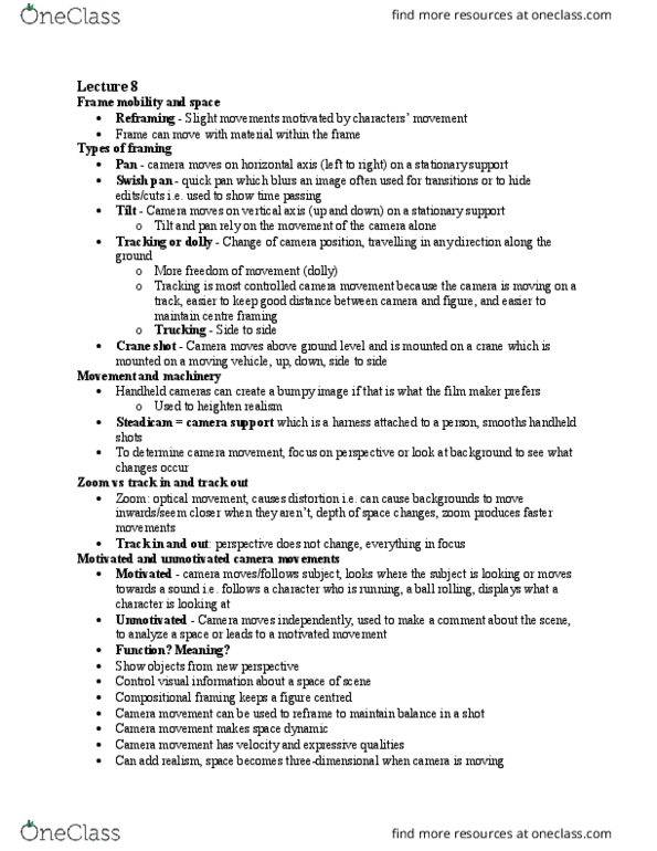 Film Studies 1020E Lecture Notes - Lecture 8: Crane Shot, Steadicam thumbnail