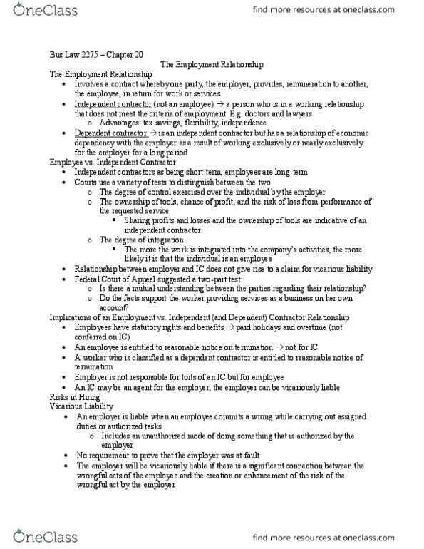 Management and Organizational Studies 2275A/B Chapter Notes - Chapter 20: Human Rights Commission, Independent Contractor, The Employer thumbnail