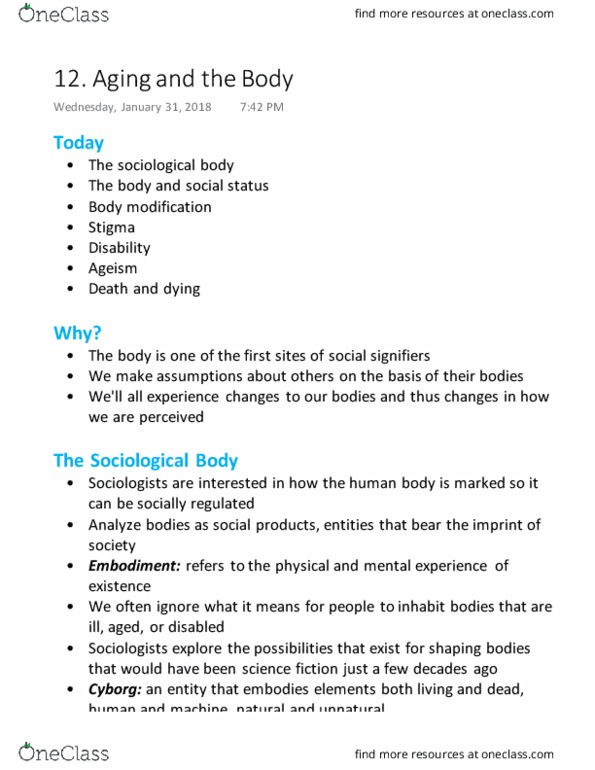 Sociology 1020 Lecture Notes - Lecture 14: Body Modification, Ageism, Social Death thumbnail