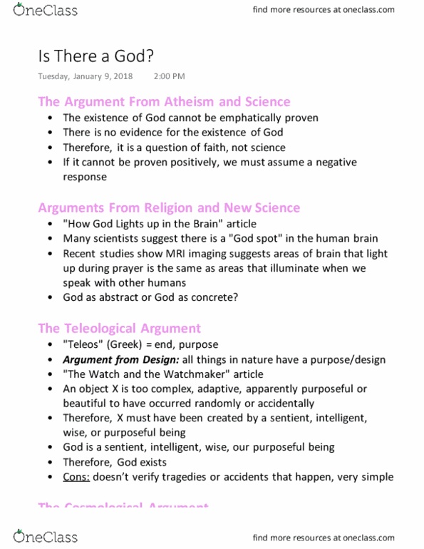 Religious Studies 1022A/B Lecture Notes - Lecture 1: Cosmological Argument, Teleological Argument, Atheism thumbnail