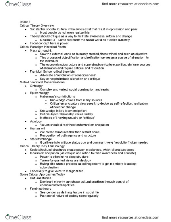 04:192:200 Lecture Notes - Lecture 5: Dominant Minority, Frankfurt School, Feminist Theory thumbnail