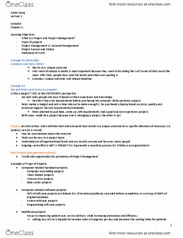 GMS 450 Lecture Notes - Lecture 1: Project Management Institute, Software Projects, Project Manager thumbnail