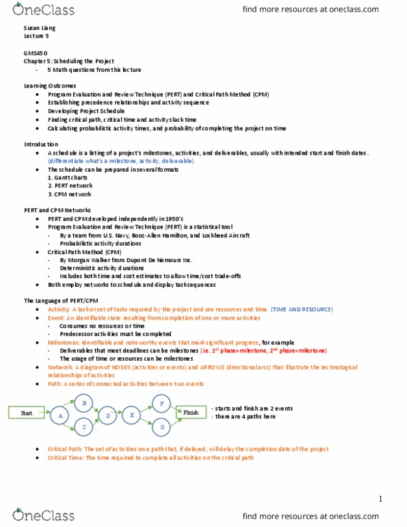 GMS 450 Lecture Notes - Lecture 5: Critical Path Method, Longest Path Problem, Gantt Chart thumbnail