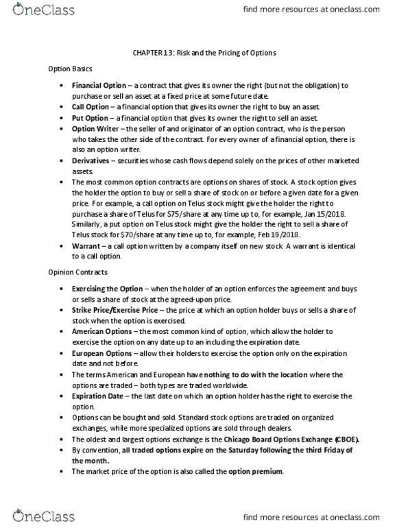 BUSI 2402U Chapter Notes - Chapter 13: Call Option, London Underground Standard Stock, Chicago Board Options Exchange thumbnail