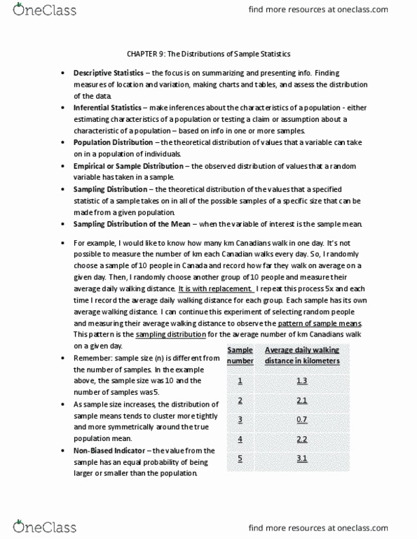 BUSI 1450U Chapter Notes - Chapter 9: Sampling Distribution, Random Variable, Probability Distribution thumbnail