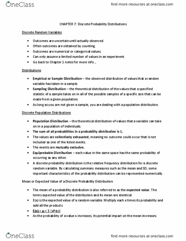 BUSI 1450U Chapter Notes - Chapter 7: Probability Distribution, Equiprobability, Standard Deviation thumbnail