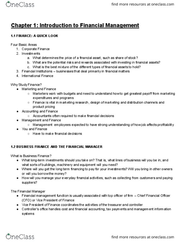 FINC311 Chapter Notes - Chapter 1: Quick Look, Limited Liability, Public Limited Company thumbnail