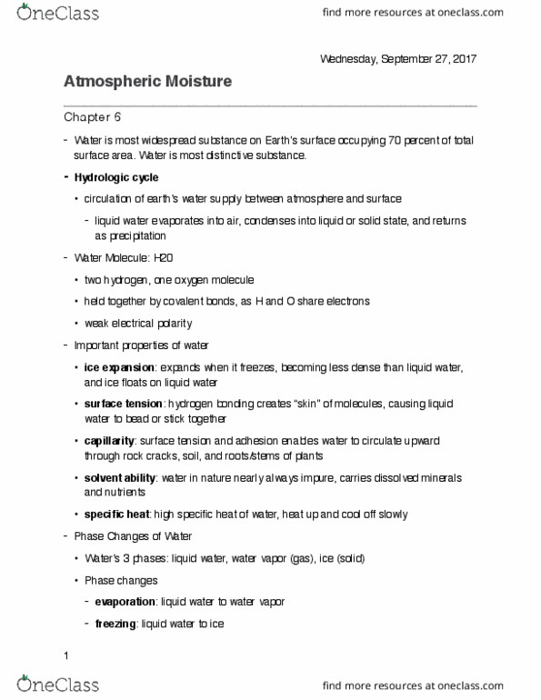 GEOG101 Lecture Notes - Lecture 6: Electrical Polarity, Capillary Action, Surface Tension thumbnail