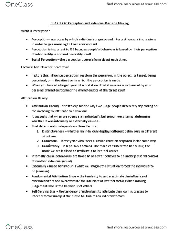 BUSI 2311U Chapter Notes - Chapter 6: Fundamental Attribution Error, Selective Perception, Henri Tajfel thumbnail