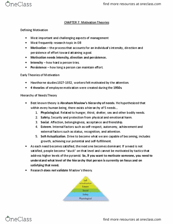 BUSI 2311U Chapter Notes - Chapter 7: Frederick Herzberg, Job Satisfaction, Theory X And Theory Y thumbnail