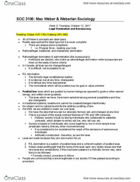 SOC 3106 Lecture Notes - Lecture 8: Charismatic Authority, Ideal Type, Milgram Experiment thumbnail