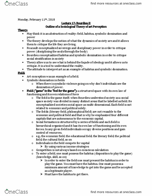 SOCI 2040 Lecture Notes - Lecture 17: Symbolic Power, Social Stratification, Cultural Capital thumbnail