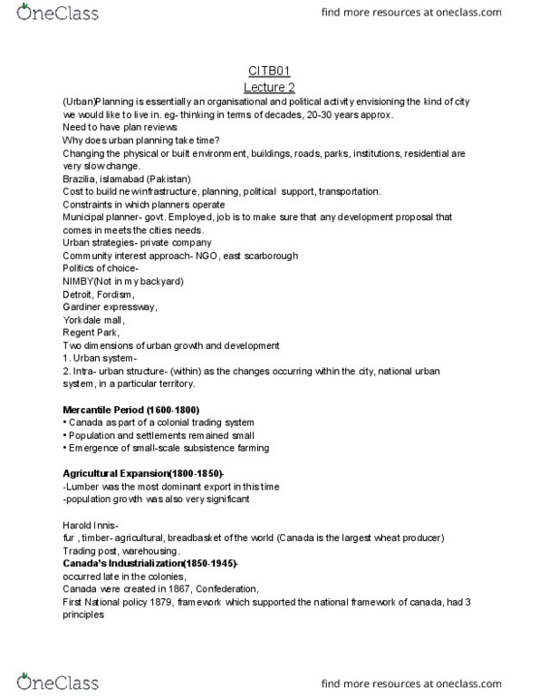 CITB01H3 Lecture Notes - Lecture 2: Gardiner Expressway, Import Substitution Industrialization, Yorkdale Shopping Centre thumbnail