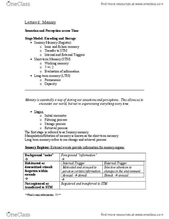 PSYCH101 Lecture Notes - Lecture 6: Sensory Memory, Heredity, Caffeine thumbnail