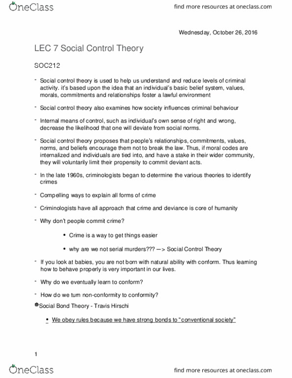 SOC212H1 Lecture Notes - Lecture 7: Social Control Theory, Travis Hirschi, Basic Belief thumbnail