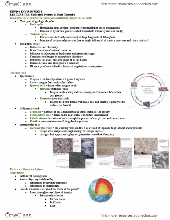 ENV100Y5 Lecture Notes - Lecture 7: Metamorphic Rock, Igneous Rock, Plate Tectonics thumbnail