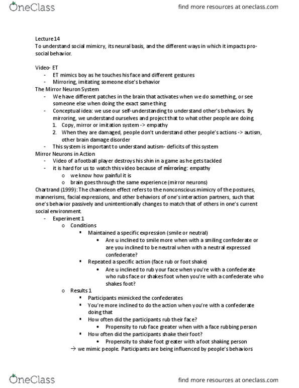 PSYC 309 Lecture Notes - Lecture 14: Mirror Neuron, Prosocial Behavior, Chameleon thumbnail