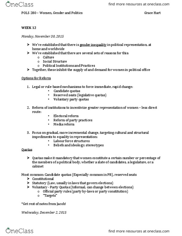 POLS 280 Lecture Notes - Lecture 12: Hillary Clinton Presidential Campaign, 2016 thumbnail