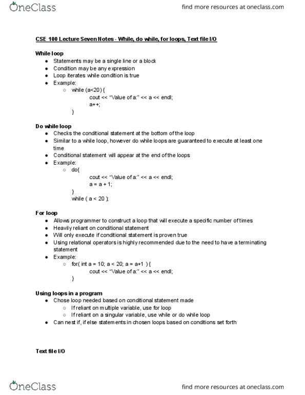 CSE 100 Lecture Notes - Lecture 8: While Loop, Text File, For Loop thumbnail